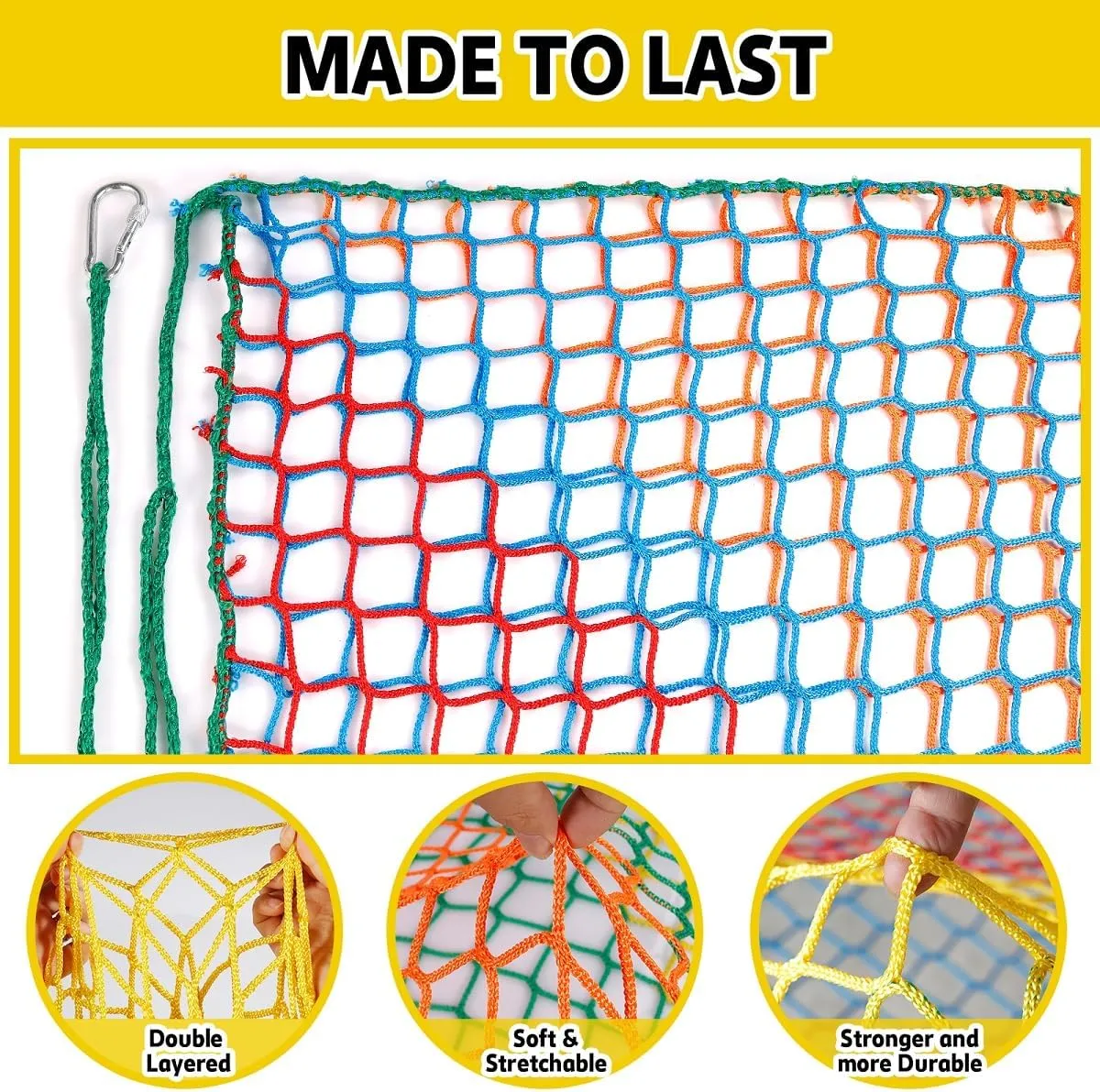 Climbing Net for Kids - 9.9FT x 9.9FT Double Layers Heavy Duty Playground Safety Net, Climbing Cargo Net for Tree House Tree Fort, Back Yard, Jungle Gyms, Monkey Bar Security Mesh（Rainbow）