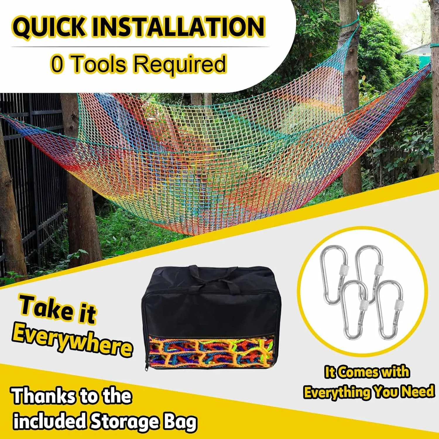 Climbing Net for Kids - 9.9FT x 9.9FT Double Layers Heavy Duty Playground Safety Net, Climbing Cargo Net for Tree House Tree Fort, Back Yard, Jungle Gyms, Monkey Bar Security Mesh（Rainbow）