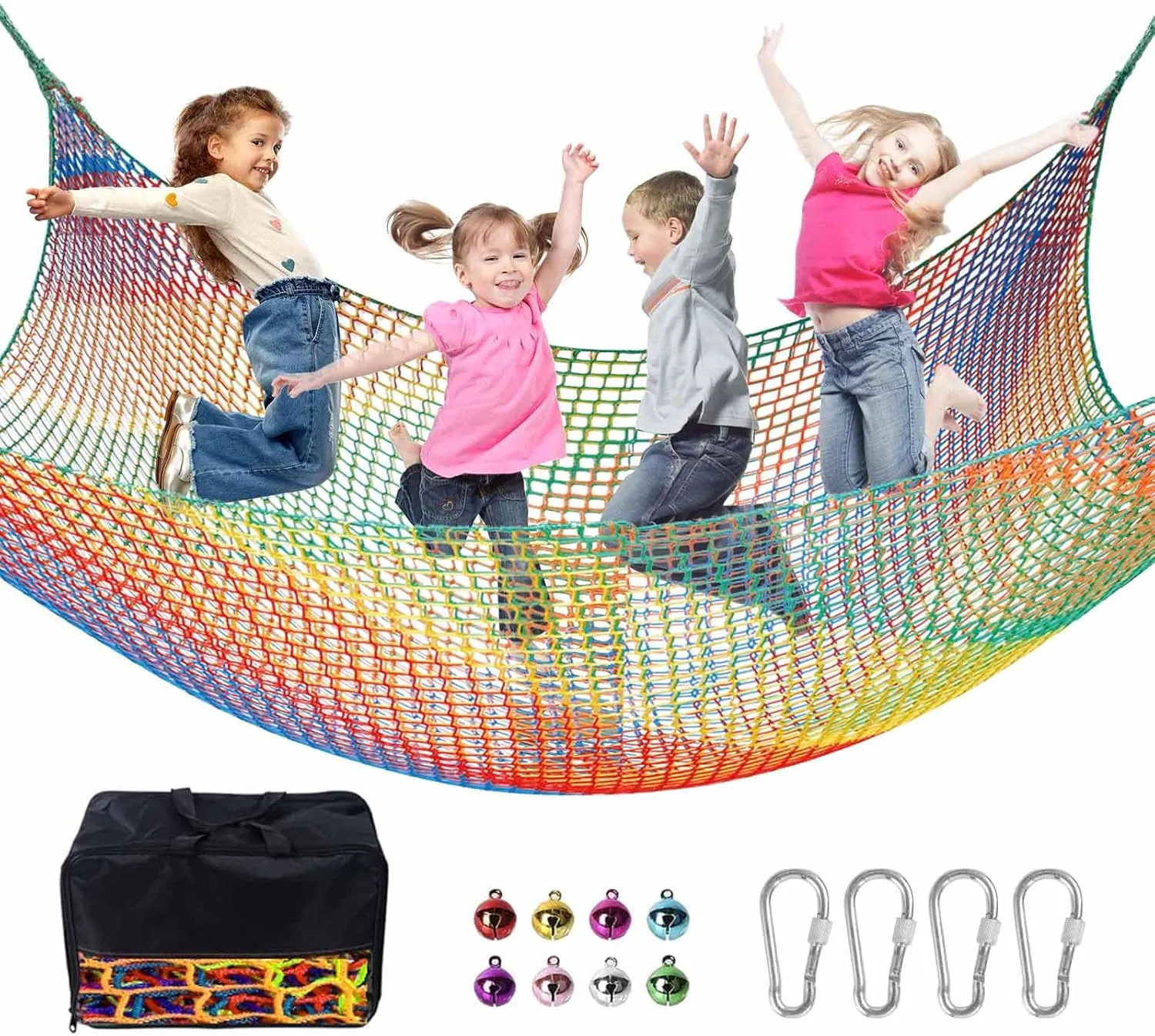 Climbing Net for Kids - 9.9FT x 9.9FT Double Layers Heavy Duty Playground Safety Net, Climbing Cargo Net for Tree House Tree Fort, Back Yard, Jungle Gyms, Monkey Bar Security Mesh（Rainbow）