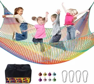 Climbing Net for Kids - 9.9FT x 9.9FT Double Layers Heavy Duty Playground Safety Net, Climbing Cargo Net for Tree House Tree Fort, Back Yard, Jungle Gyms, Monkey Bar Security Mesh（Rainbow）