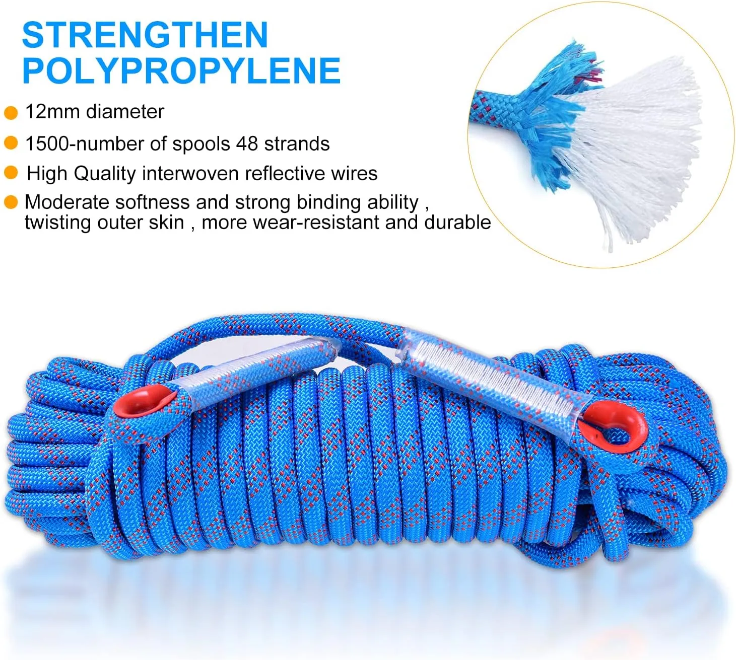 Climbing Rope, 12 mm Static Climbing Rope, 32FT(10M) 65FT(20M) 100FT(30M) 164FT(50M) Outdoor Rock Climbing Rope, Escape Rope, Rappelling Rope, Fire Rescue Parachute Rope