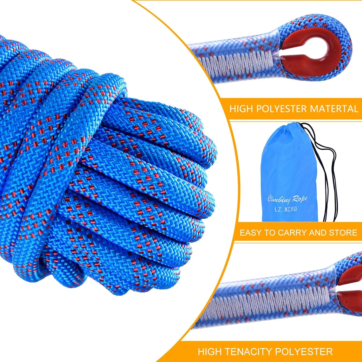 Climbing Rope, 12 mm Static Climbing Rope, 32FT(10M) 65FT(20M) 100FT(30M) 164FT(50M) Outdoor Rock Climbing Rope, Escape Rope, Rappelling Rope, Fire Rescue Parachute Rope