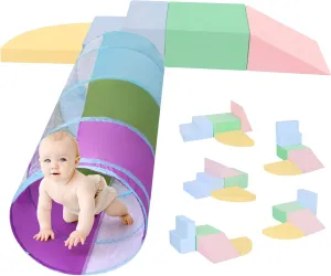 Climbing Toys for Toddlers 1-3 Inside, Foam Baby Climbing Blocks for Toddlers, 4-Piece Soft Play Climbing Blocks, Indoor Climb Crawl Activity Play Set, Birthday Gift (Pink/Green Crawl Through Tunnel)