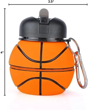Clip-on BPA-Free Collapsible Silicone 18 OZ Soccer Baseball Golf Ball Basketball Tennis Ball Water Bottle for kids soccer outdoor (Basketball)