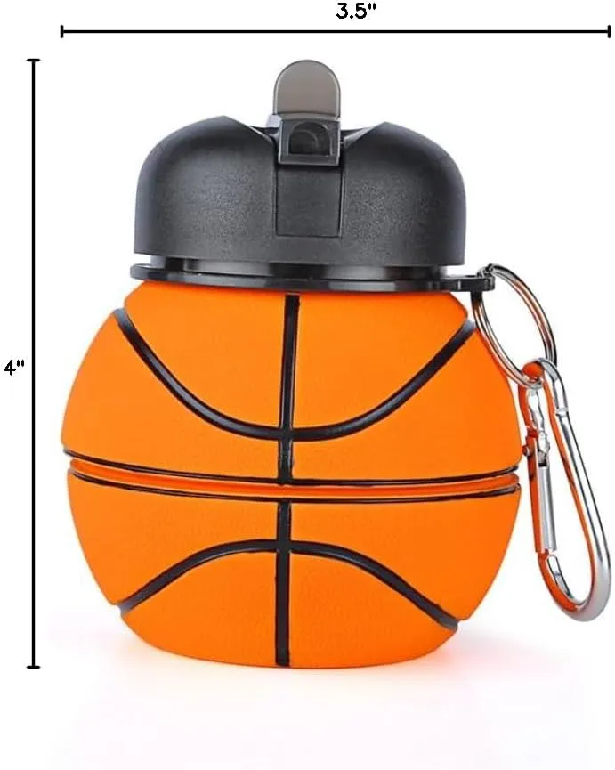 Clip-on BPA-Free Collapsible Silicone 18 OZ Soccer Baseball Golf Ball Basketball Tennis Ball Water Bottle for kids soccer outdoor (Basketball)
