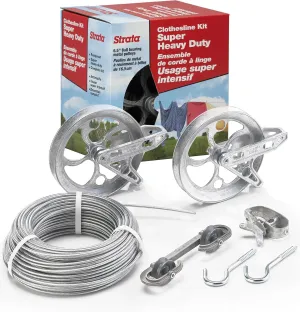 Clothesline Outdoor Super Heavy Duty Kit - 150 Feet Galvanized Wire Silver PVC Coating, 6.5" Clothesline Pulley 2pcs, Metal Mini Winch Tightener 1pc, Plastic Spreader/Spacer 1pc & 2 Metal Hooks
