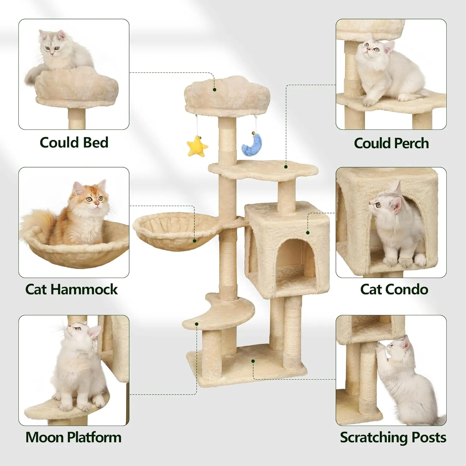 Cloud-Shaped Cat Tree for Kittens Under 6 Months 12lbs, 43" Tall for Small Cats, 1 Hammock & Double Condos, Cat Scratching Post with Dangling Toys, Compact Cat Tower for Kittens, Beige
