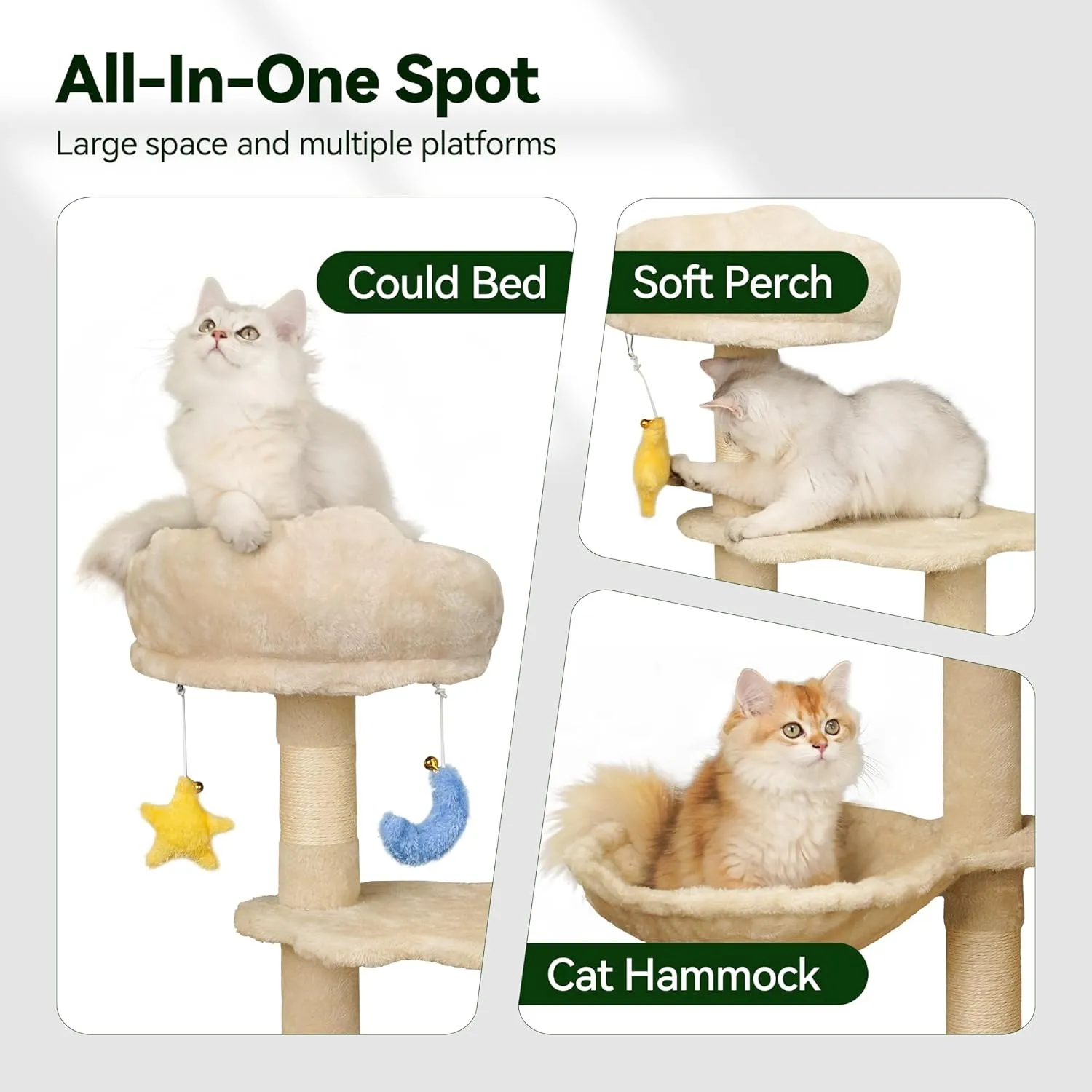 Cloud-Shaped Cat Tree for Kittens Under 6 Months 12lbs, 43" Tall for Small Cats, 1 Hammock & Double Condos, Cat Scratching Post with Dangling Toys, Compact Cat Tower for Kittens, Beige