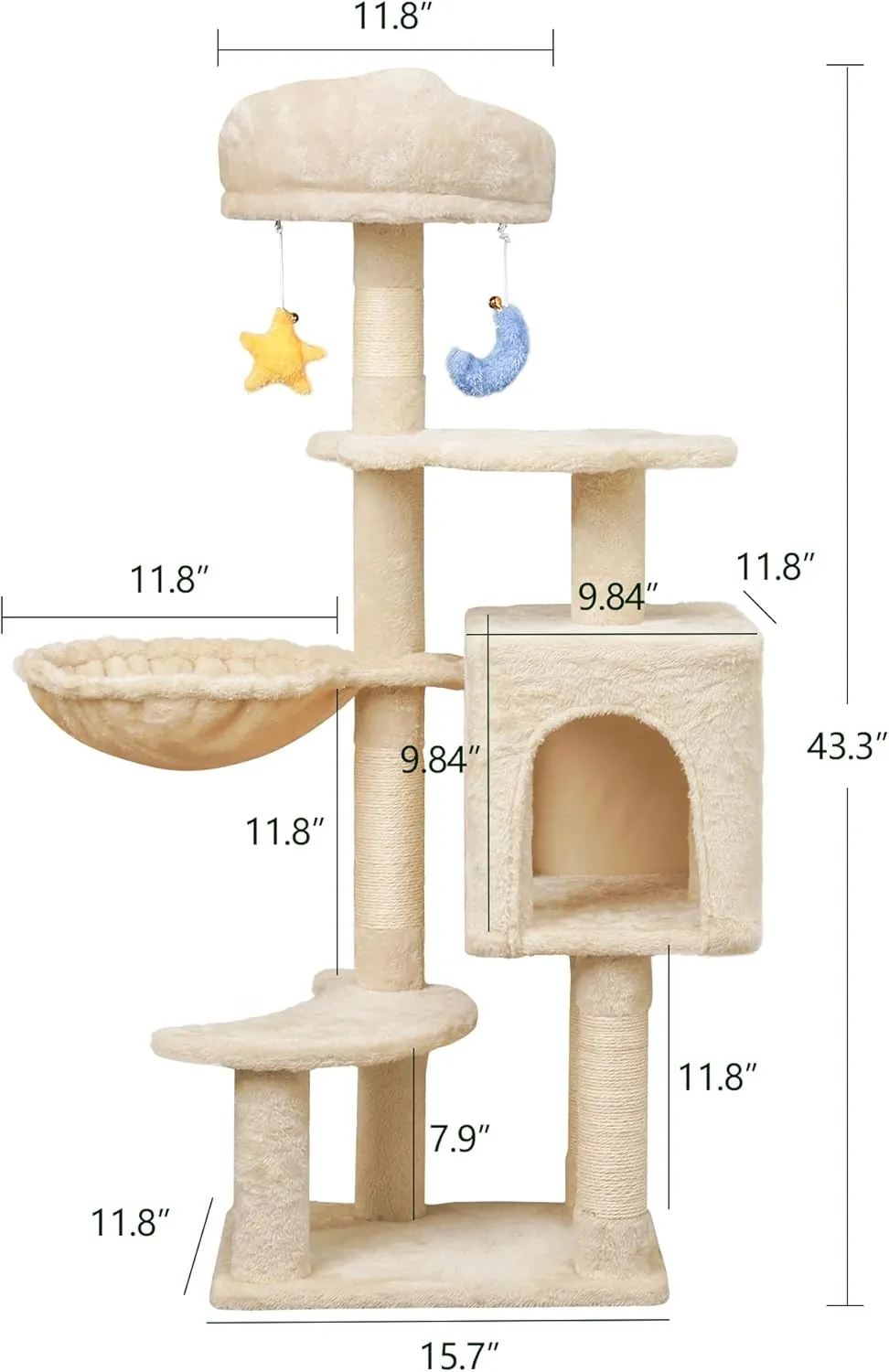 Cloud-Shaped Cat Tree for Kittens Under 6 Months 12lbs, 43" Tall for Small Cats, 1 Hammock & Double Condos, Cat Scratching Post with Dangling Toys, Compact Cat Tower for Kittens, Beige