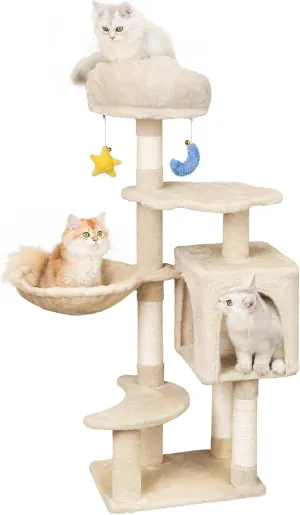 Cloud-Shaped Cat Tree for Kittens Under 6 Months 12lbs, 43" Tall for Small Cats, 1 Hammock & Double Condos, Cat Scratching Post with Dangling Toys, Compact Cat Tower for Kittens, Beige