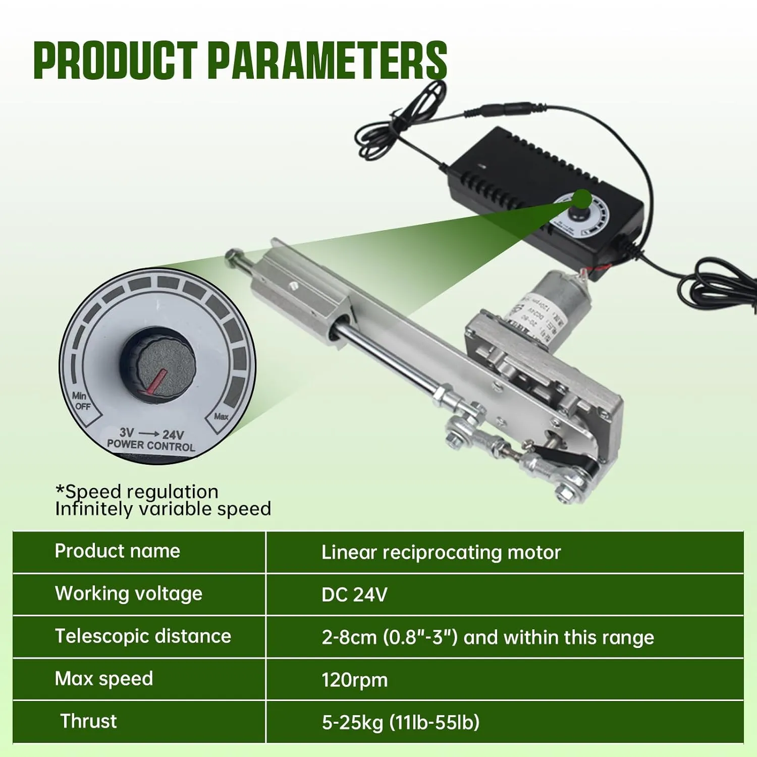 CNCTOPBAOS DC24V Reciprocating Linear Actuator Stroke 2-8CM 3 Inch,Adjustable Telescopic Rocker Arm Mechanism Gear Motor Speed Regulation Adapter 120RPM 0.78"-3.14"