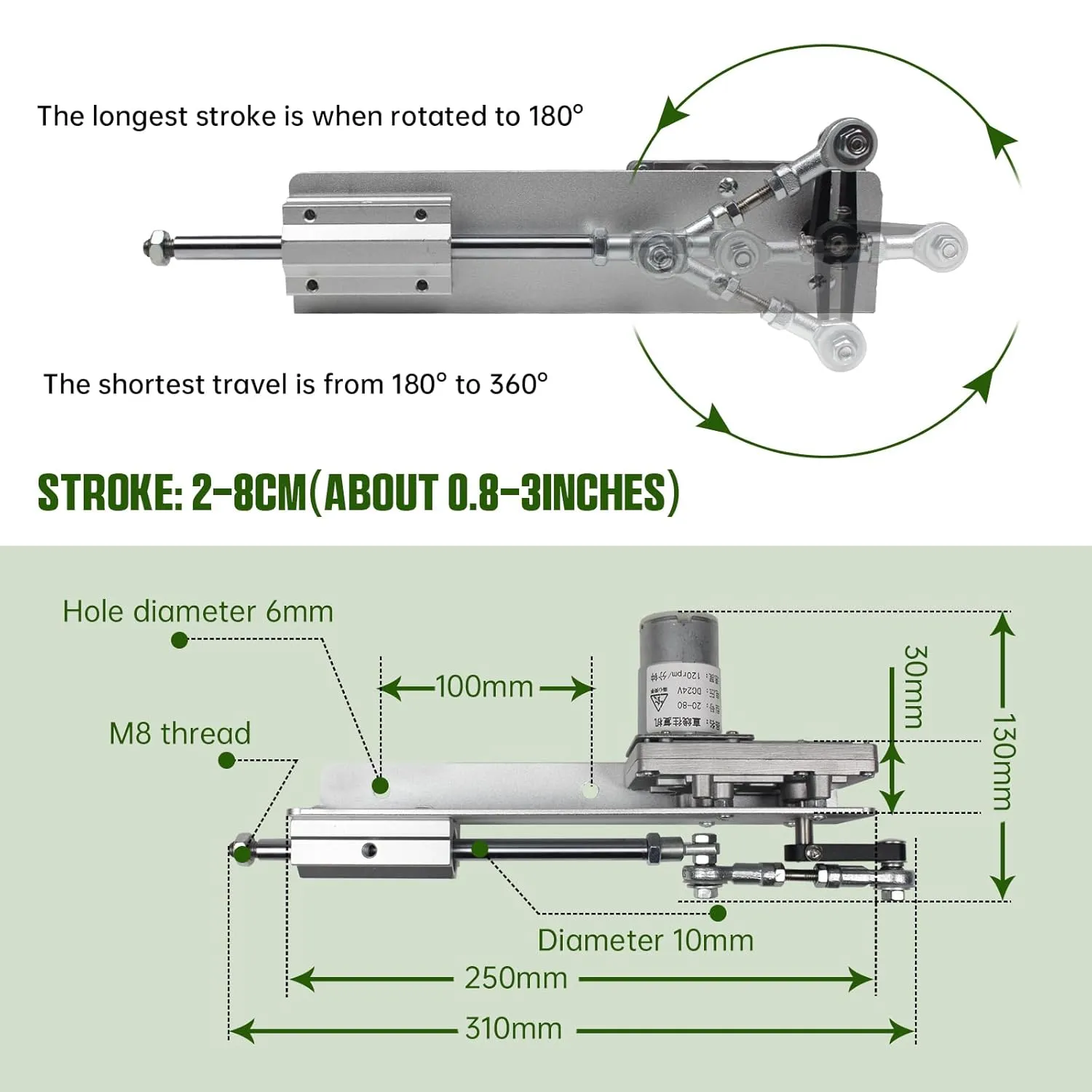 CNCTOPBAOS DC24V Reciprocating Linear Actuator Stroke 2-8CM 3 Inch,Adjustable Telescopic Rocker Arm Mechanism Gear Motor Speed Regulation Adapter 120RPM 0.78"-3.14"