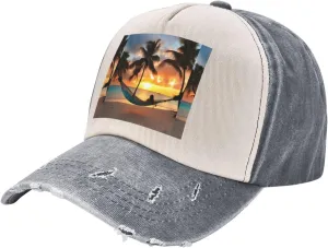 Coconut Beach Sunset Hammock Stylish Sports Hat in Denim,Adjustable, Breathable,for Daily Wear and Outdoor Activities