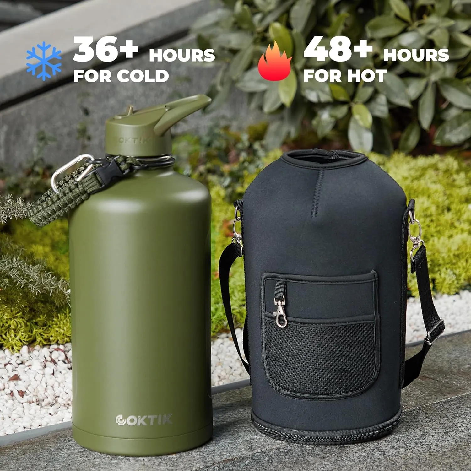 COKTIK 128 oz Insulated Water Bottle, Triple Wall Stainless Steel Flask, Keeps Drinks Cold for 48 Hrs Leak-Proof & BPA-Free Half Gallon Jug with Paracord Handle, Straw & Spout Lids(Army Green)