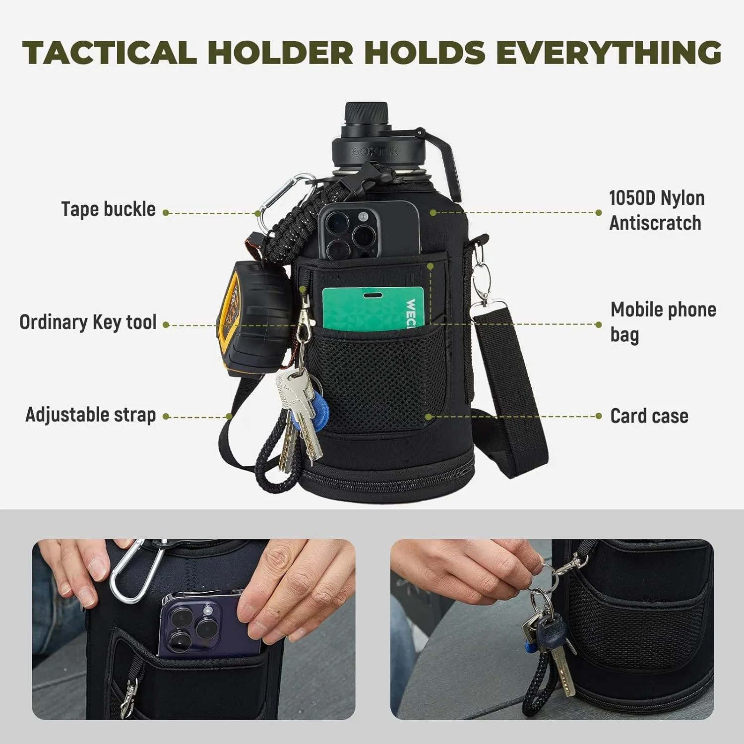COKTIK 128 oz Insulated Water Bottle, Triple Wall Stainless Steel Flask, Keeps Drinks Cold for 48 Hrs Leak-Proof & BPA-Free Half Gallon Jug with Paracord Handle, Straw & Spout Lids(Army Green)