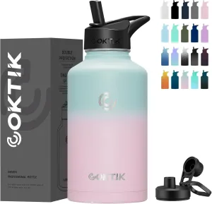 COKTIK 64 oz/Half Gallon Vacuum Insulated Jug, Double Walled Stainless Steel Sports Water Bottle with Reusable 2 Lids for Camping, Gym, Fitness or Office(Bubble Gum)