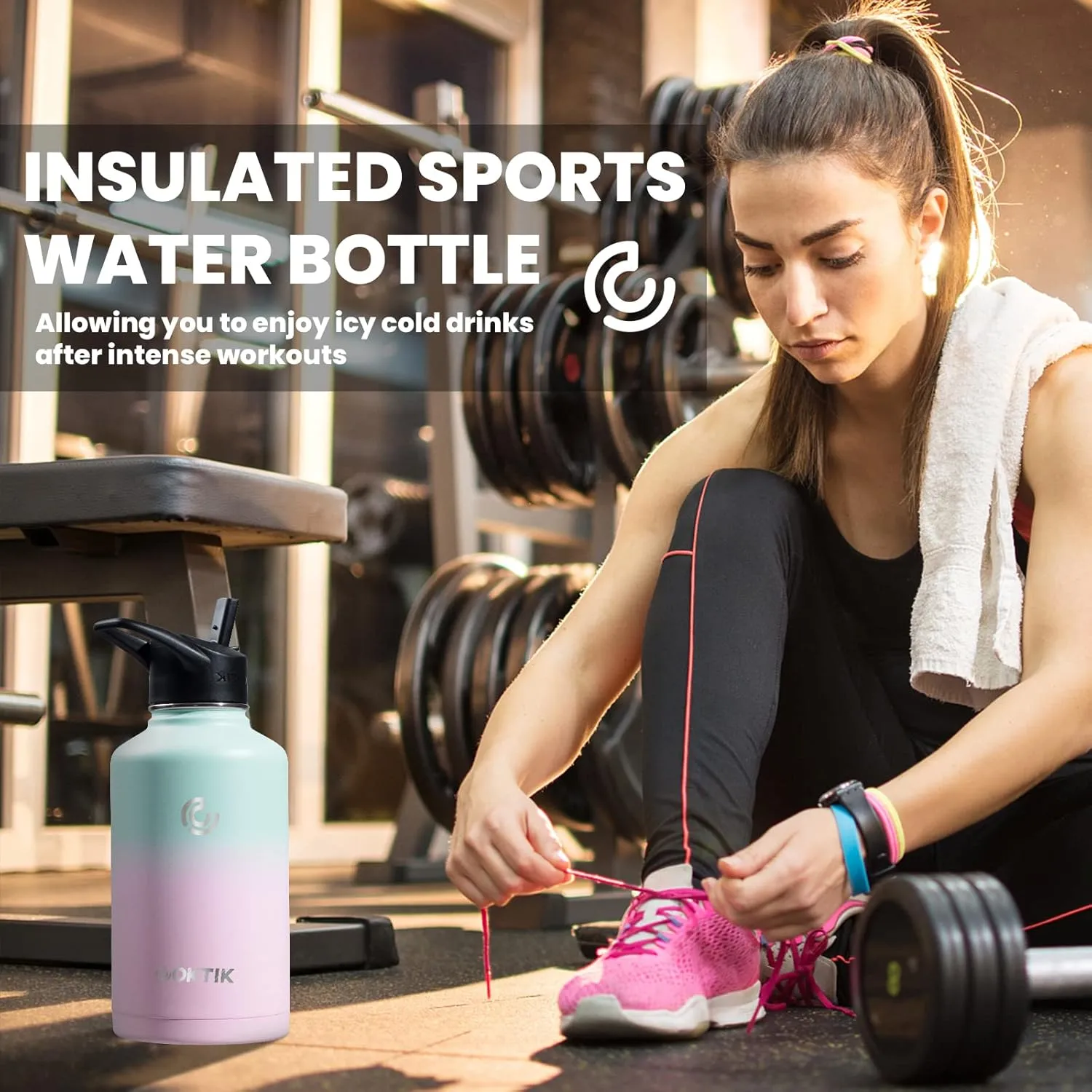 COKTIK 64 oz/Half Gallon Vacuum Insulated Jug, Double Walled Stainless Steel Sports Water Bottle with Reusable 2 Lids for Camping, Gym, Fitness or Office(Bubble Gum)