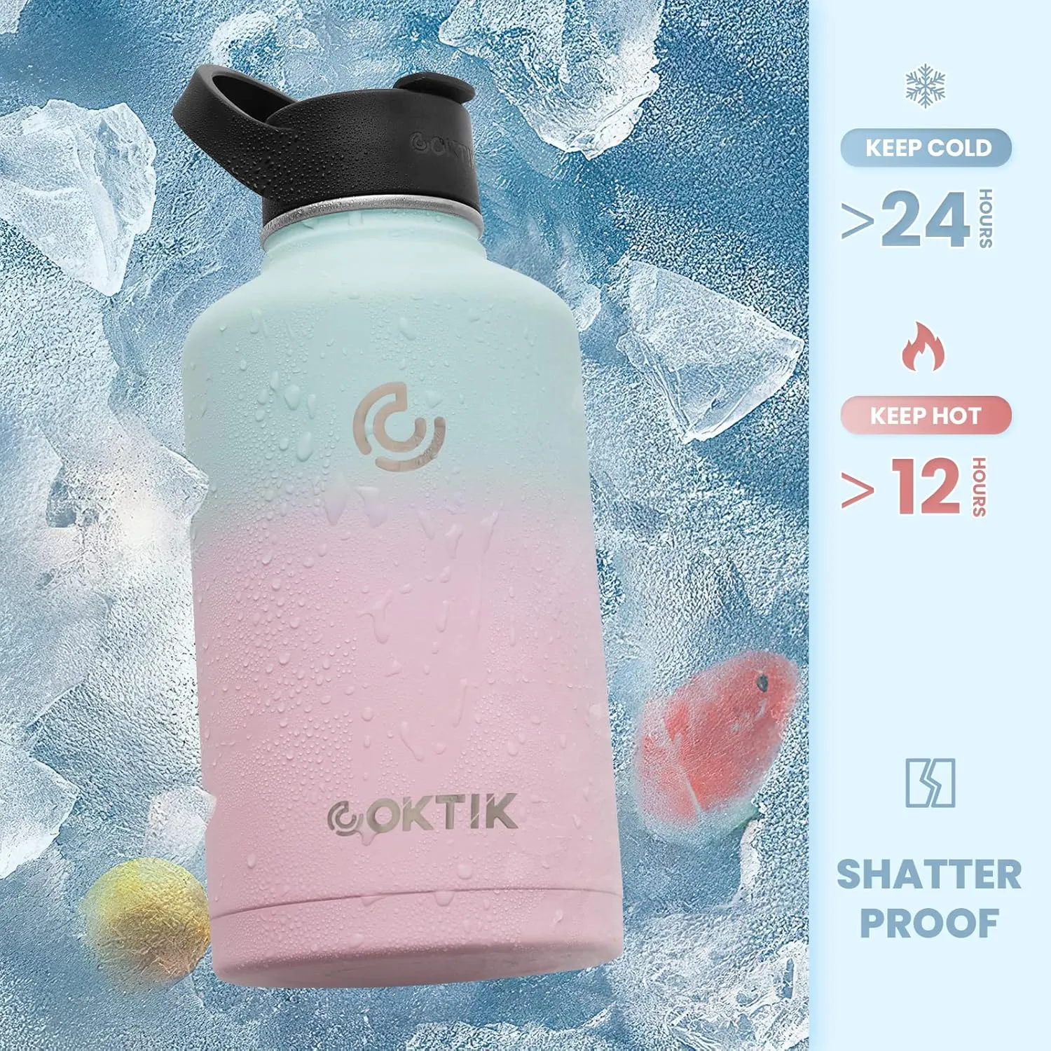 COKTIK 64 oz/Half Gallon Vacuum Insulated Jug, Double Walled Stainless Steel Sports Water Bottle with Reusable 2 Lids for Camping, Gym, Fitness or Office(Bubble Gum)