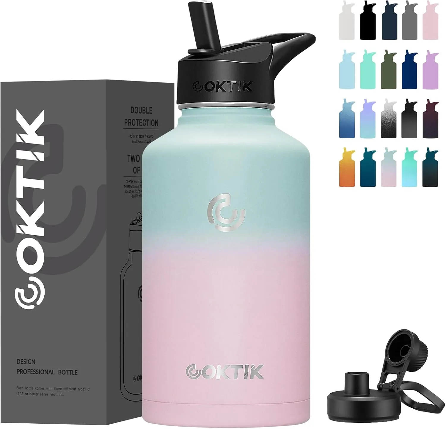 COKTIK 64 oz/Half Gallon Vacuum Insulated Jug, Double Walled Stainless Steel Sports Water Bottle with Reusable 2 Lids for Camping, Gym, Fitness or Office(Bubble Gum)