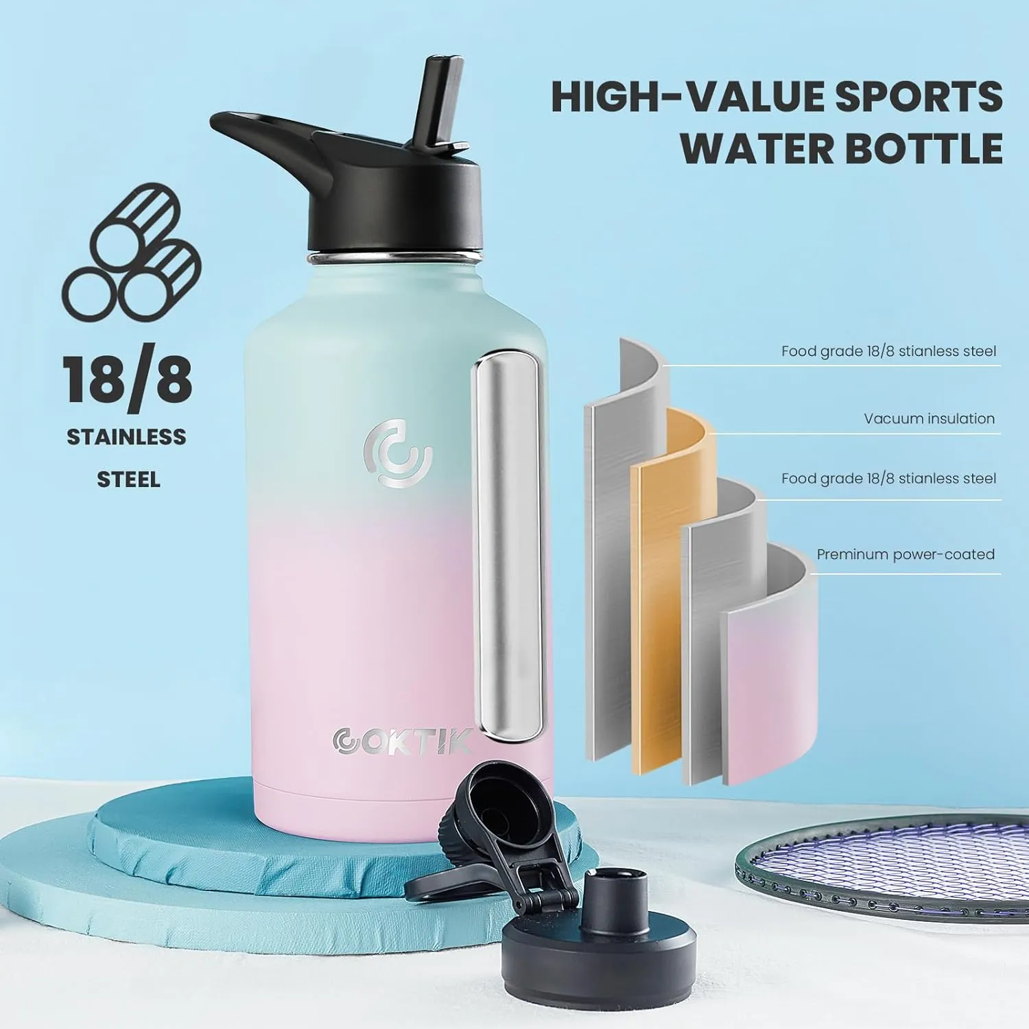 COKTIK 64 oz/Half Gallon Vacuum Insulated Jug, Double Walled Stainless Steel Sports Water Bottle with Reusable 2 Lids for Camping, Gym, Fitness or Office(Bubble Gum)