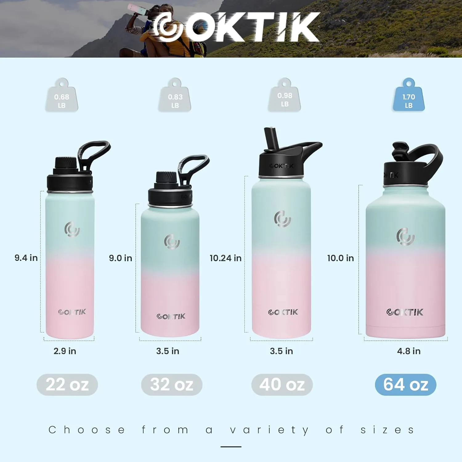 COKTIK 64 oz/Half Gallon Vacuum Insulated Jug, Double Walled Stainless Steel Sports Water Bottle with Reusable 2 Lids for Camping, Gym, Fitness or Office(Bubble Gum)