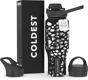 Coldest Sports Water Bottle - 3 in 1 Lids (Chug, Straw, Handle) - Insulated Stainless Steel Tumbler with Handle - Vacuum Water Flask Cup, Valentines Gifts for Him Her (36 oz, Shadow Leopard)