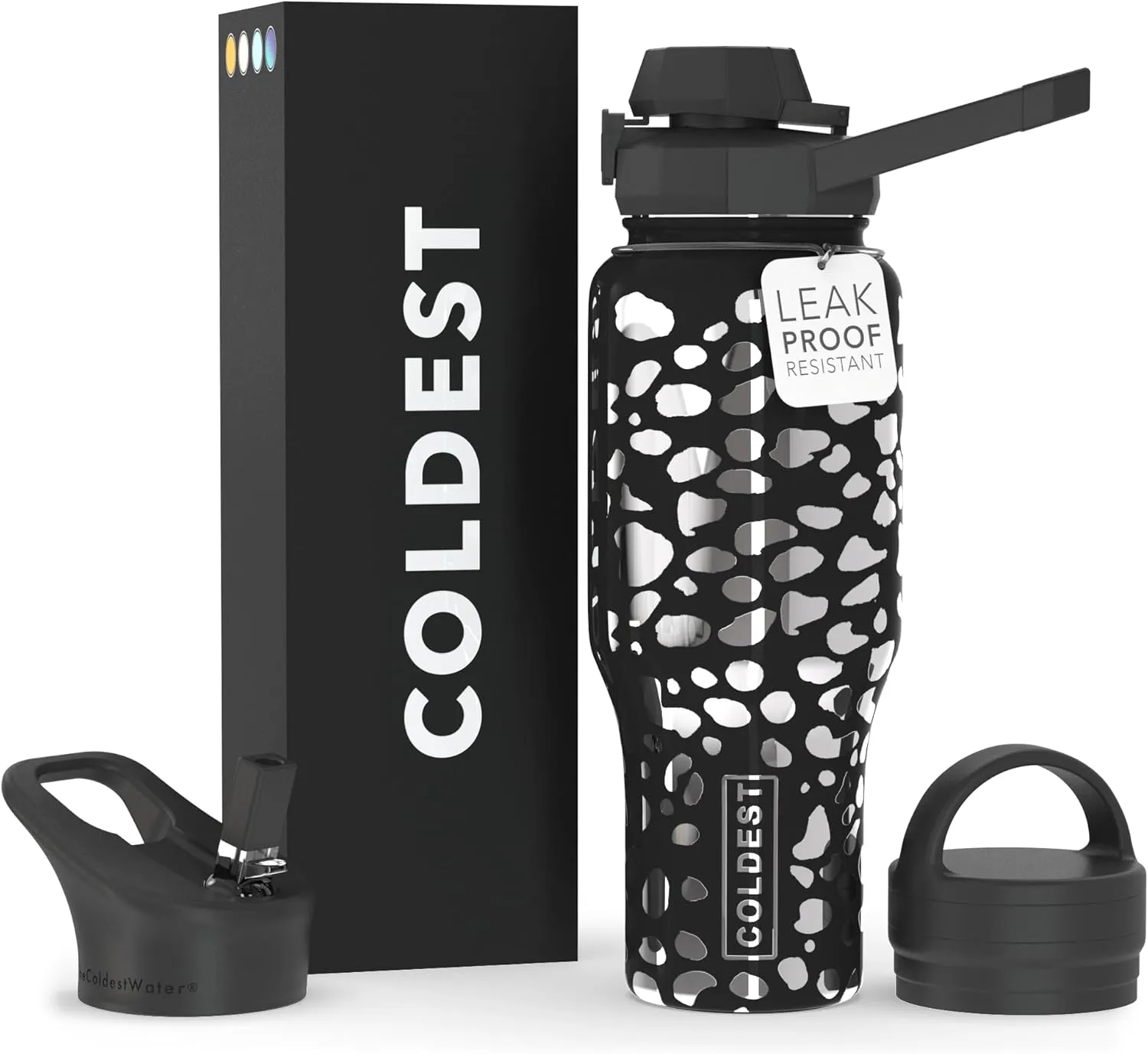 Coldest Sports Water Bottle - 3 in 1 Lids (Chug, Straw, Handle) - Insulated Stainless Steel Tumbler with Handle - Vacuum Water Flask Cup, Valentines Gifts for Him Her (36 oz, Shadow Leopard)