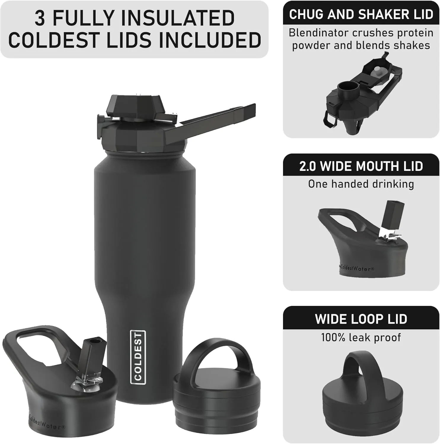 Coldest Sports Water Bottle - 3 in 1 Lids (Chug, Straw, Handle) - Insulated Stainless Steel Tumbler with Handle - Vacuum Water Flask Cup, Valentines Gifts for Him Her (36 oz, Shadow Leopard)