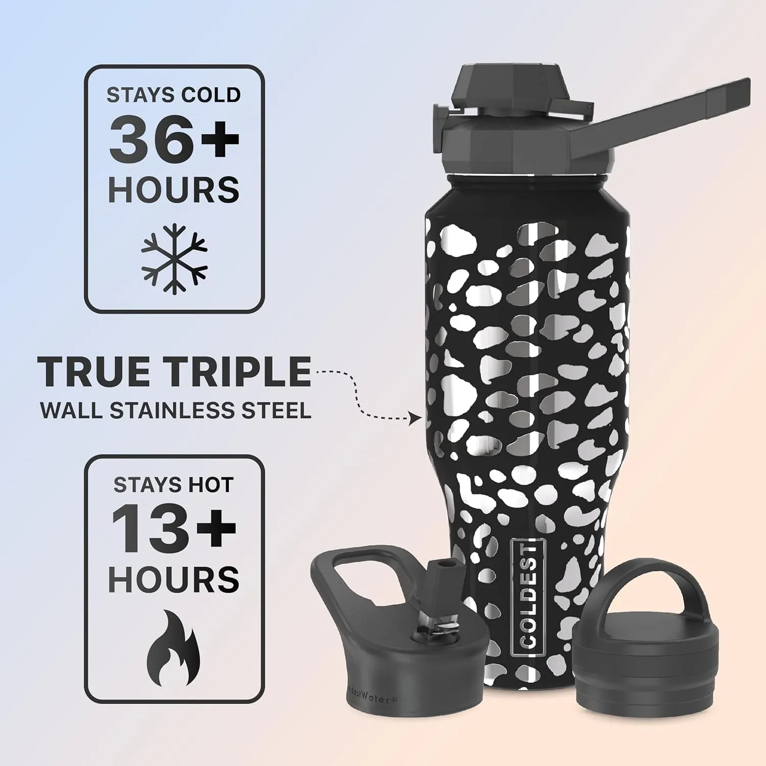 Coldest Sports Water Bottle - 3 in 1 Lids (Chug, Straw, Handle) - Insulated Stainless Steel Tumbler with Handle - Vacuum Water Flask Cup, Valentines Gifts for Him Her (36 oz, Shadow Leopard)