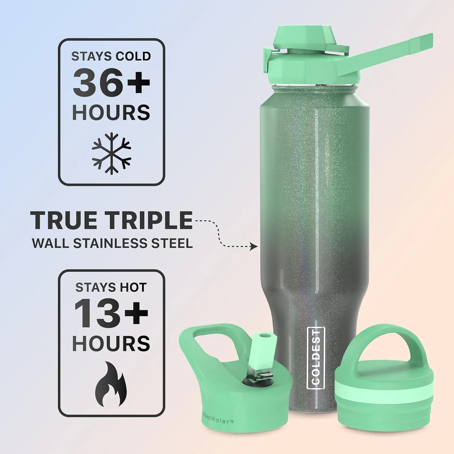 Coldest Sports Water Bottle - 3 in 1 Lids (Chug, Straw, Handle) - Insulated Stainless Steel Tumbler with Handle - Vacuum Water Flask Cup, Valentines Gifts for Him Her (46 oz, Milky Way Green Glitter)