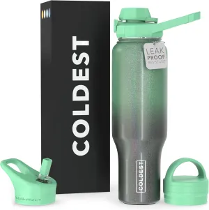 Coldest Sports Water Bottle - 3 in 1 Lids (Chug, Straw, Handle) - Insulated Stainless Steel Tumbler with Handle - Vacuum Water Flask Cup, Valentines Gifts for Him Her (46 oz, Milky Way Green Glitter)