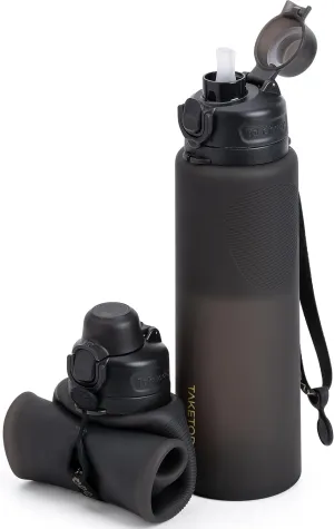 Collapsible 32oz Silicone Water Bottles, Foldable Travel Bottle with Straw, BPA Free, Leakproof for Hiking, International Travel, Outdoors (Black)