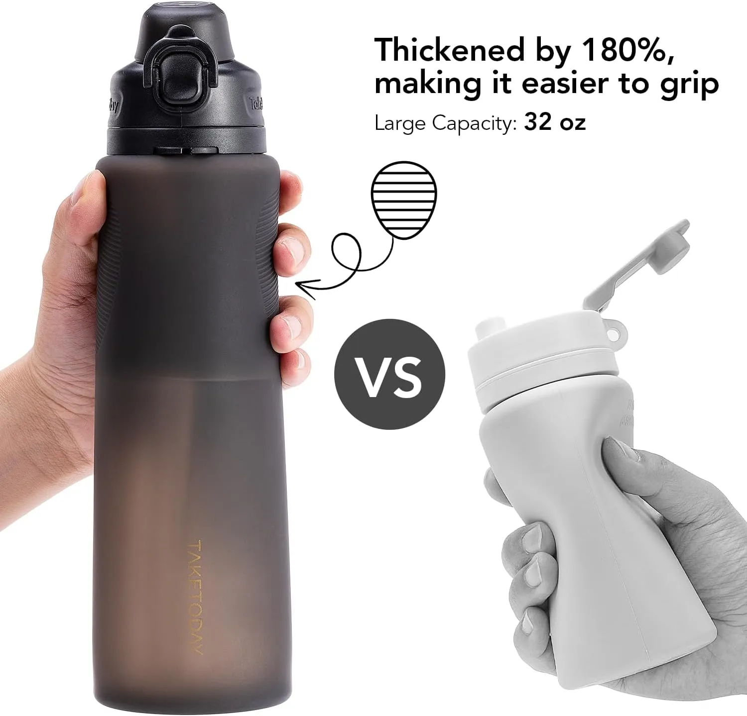 Collapsible 32oz Silicone Water Bottles, Foldable Travel Bottle with Straw, BPA Free, Leakproof for Hiking, International Travel, Outdoors (Black)