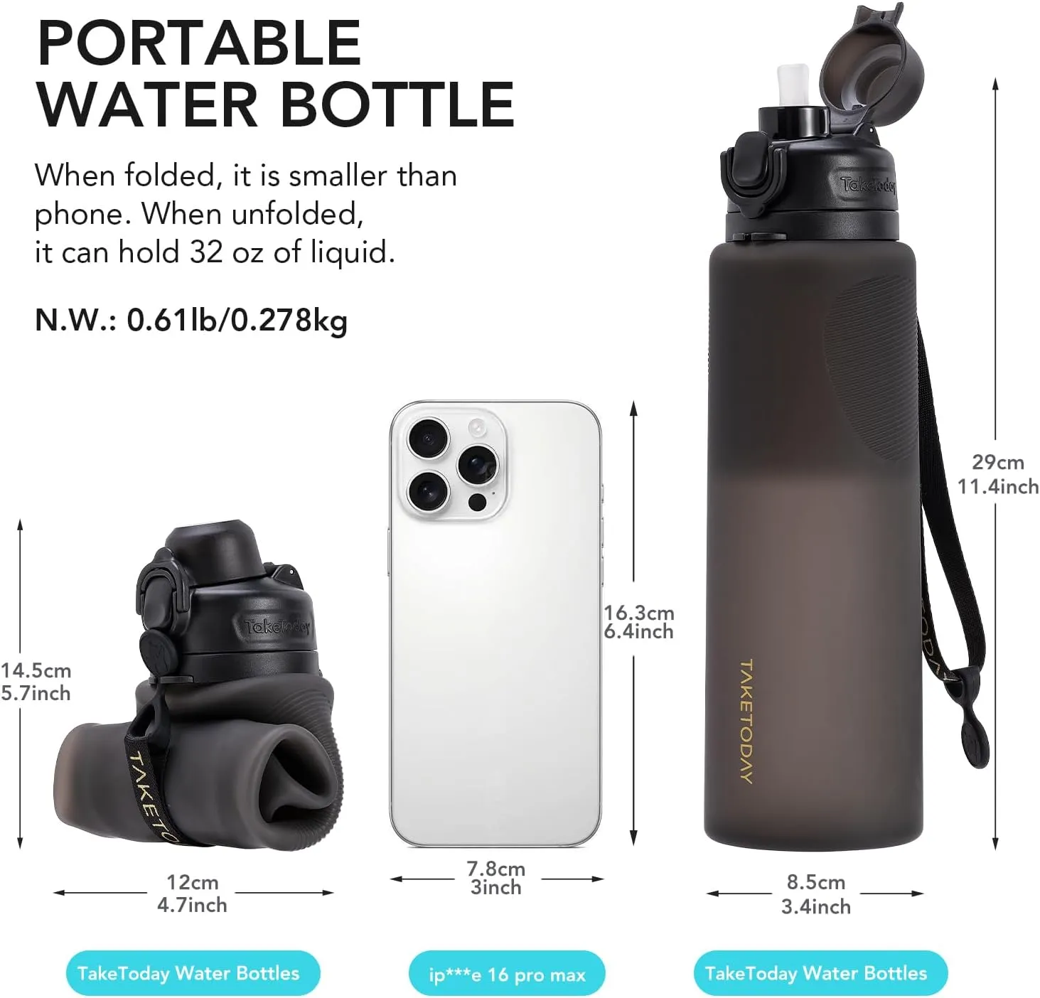 Collapsible 32oz Silicone Water Bottles, Foldable Travel Bottle with Straw, BPA Free, Leakproof for Hiking, International Travel, Outdoors (Black)
