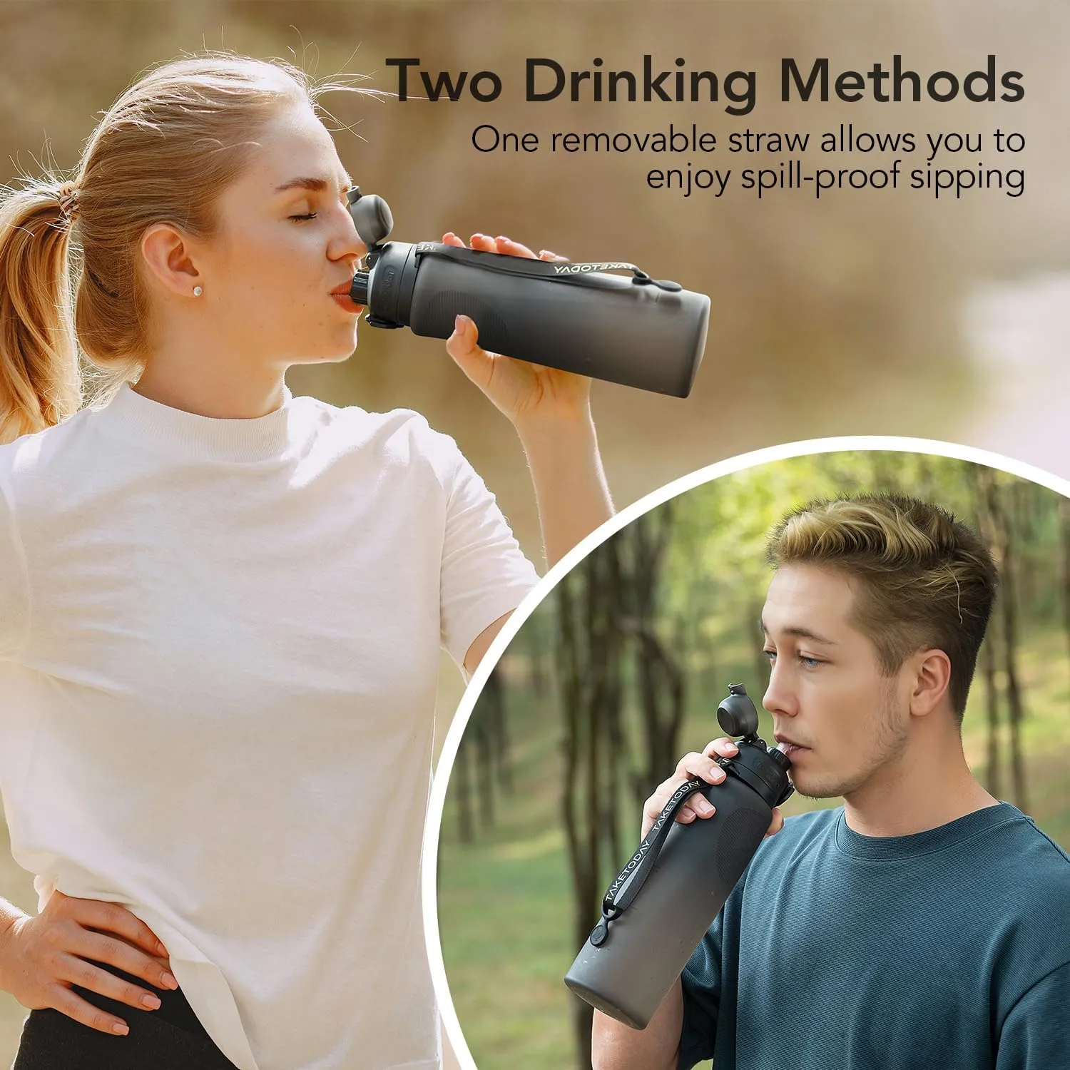 Collapsible 32oz Silicone Water Bottles, Foldable Travel Bottle with Straw, BPA Free, Leakproof for Hiking, International Travel, Outdoors (Black)