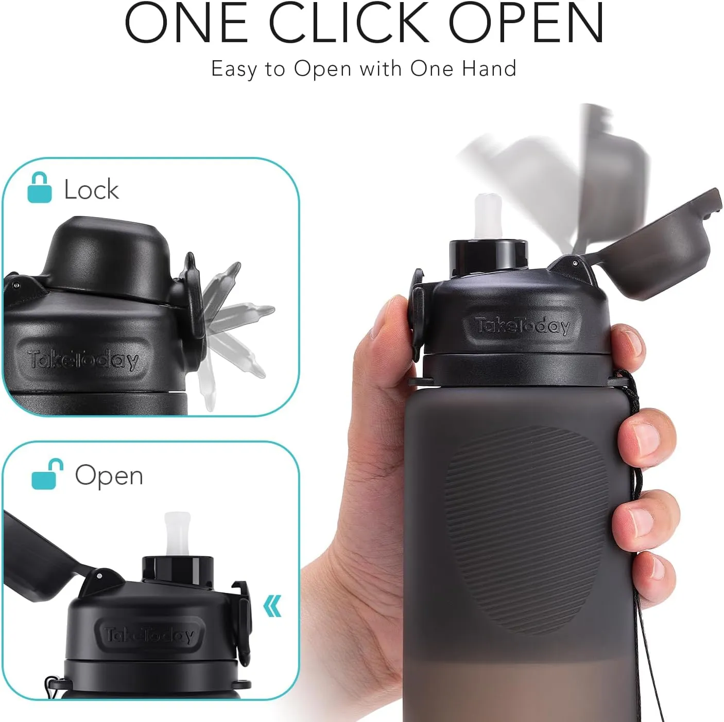 Collapsible 32oz Silicone Water Bottles, Foldable Travel Bottle with Straw, BPA Free, Leakproof for Hiking, International Travel, Outdoors (Black)