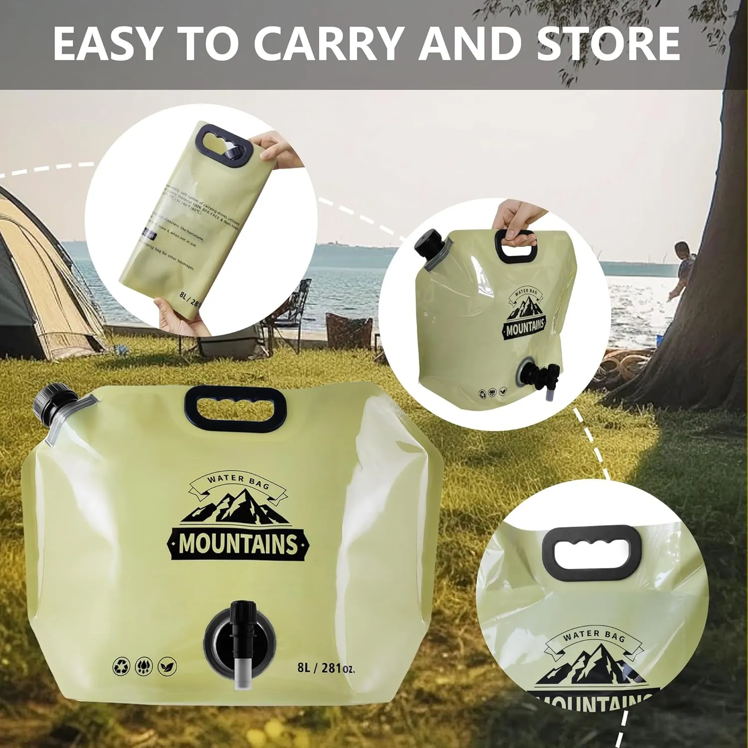 Collapsible 8L Water Storage Bag, BPA-Free Portable Folding Water Jug with Adjustable Faucet, Leakproof Emergency Water Bag for Camping, Hiking, Riding, Outdoor Sport (BEIGE & GREEN, 2)