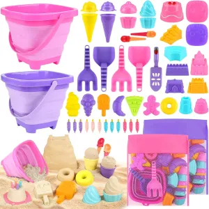 Collapsible Beach Toys Set for Kids 3-10, Collapsible Sand Bucket with Beach Molds and Mesh Bag, 2 Pack Shovels Set Ice Cream Sand Toys for Beach, Sandbox Travel Toys for Kids Toddlers Girls