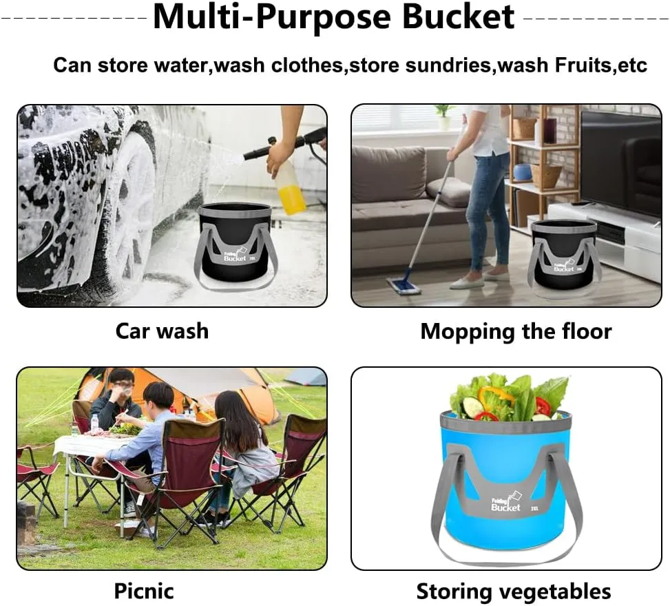 Collapsible Bucket with Handle 5 Gallon Portable Folding Bucket Upgraded Ultra Lightweight Outdoor Basin Pail for Fishing, Camping, Hiking, Car Washing and More (Blue Black, 20L-20L)