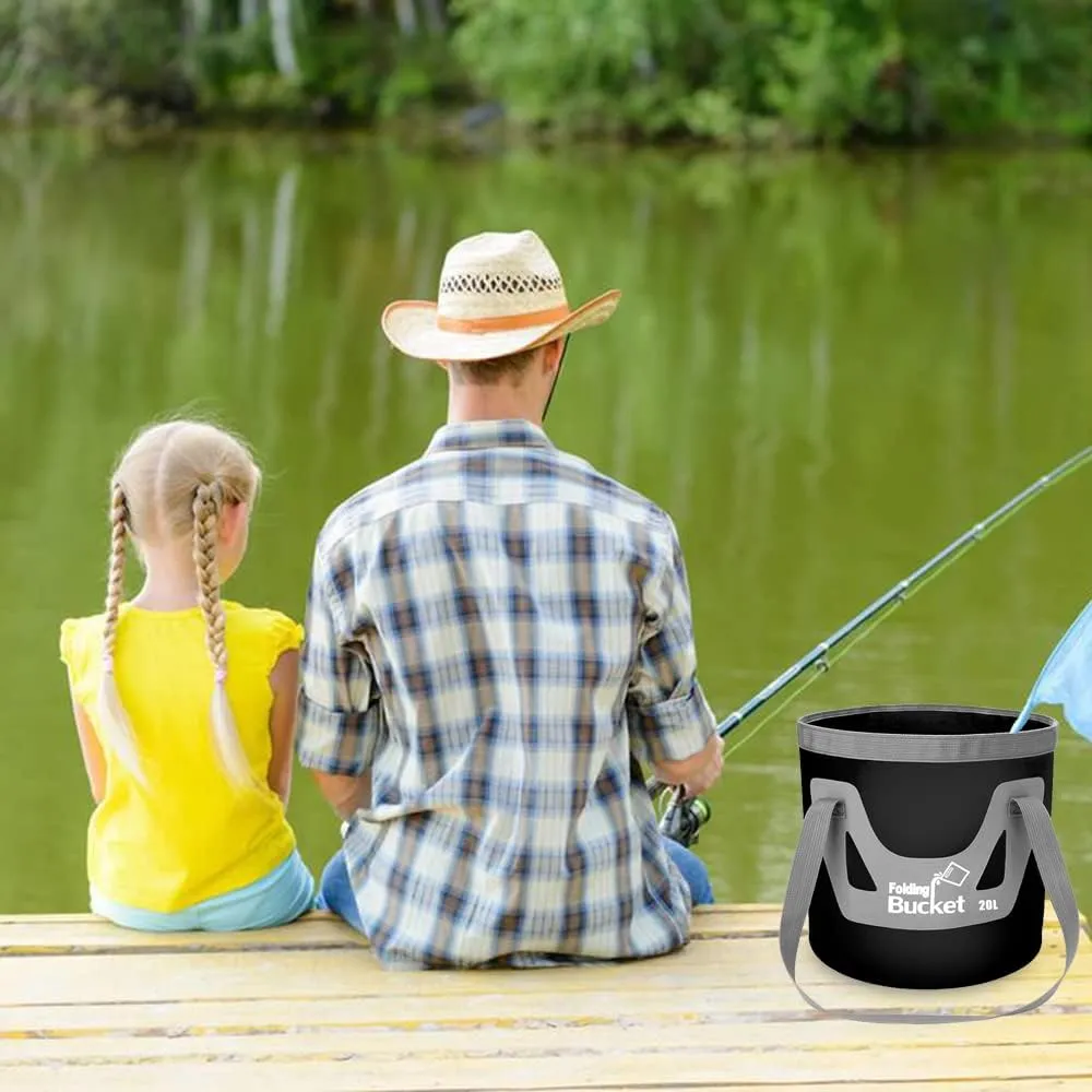 Collapsible Bucket with Handle 5 Gallon Portable Folding Bucket Upgraded Ultra Lightweight Outdoor Basin Pail for Fishing, Camping, Hiking, Car Washing and More (Blue Black, 20L-20L)