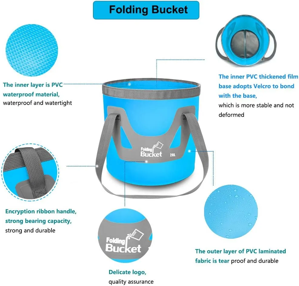 Collapsible Bucket with Handle 5 Gallon Portable Folding Bucket Upgraded Ultra Lightweight Outdoor Basin Pail for Fishing, Camping, Hiking, Car Washing and More (Blue Black, 20L-20L)