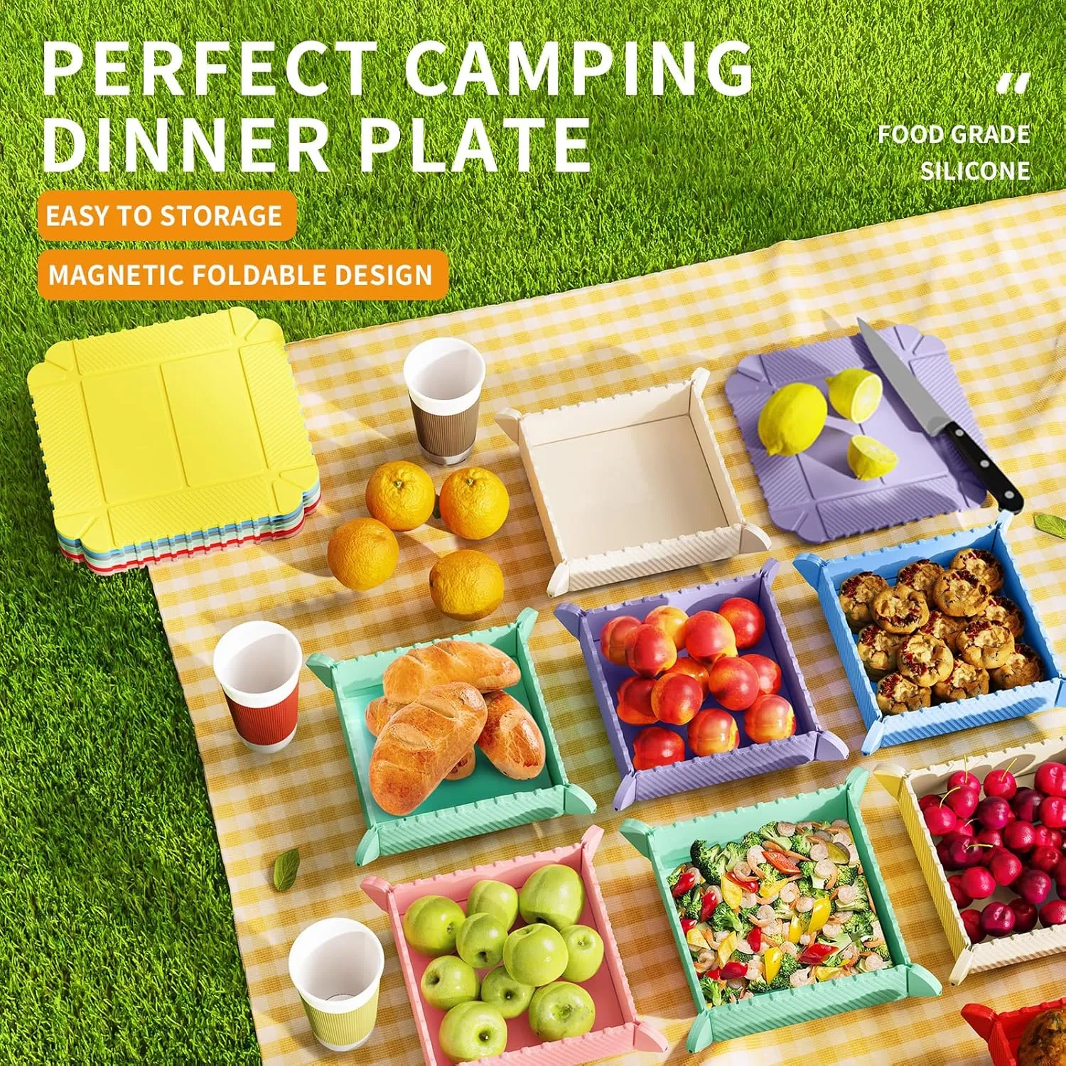 Collapsible Camping Bowls with Magnet 4 Pack,Reusable Silicone Camping Plates,Magnetic Folding Dinner Plates for Parties, Camping, Hiking