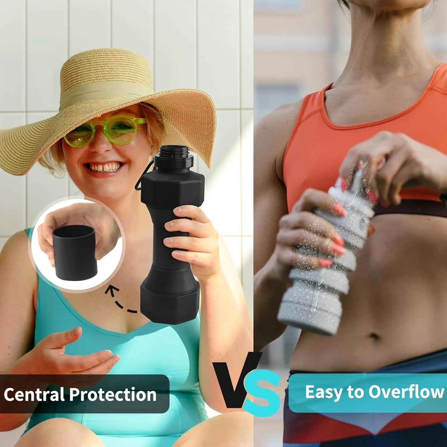 Collapsible Dumbbell Water Bottle, 22 oz (648.6 g), BPA-Free Silicone, Portable Lightweight, Hiking Buckle, Leak-Proof Sports Bottle (black)