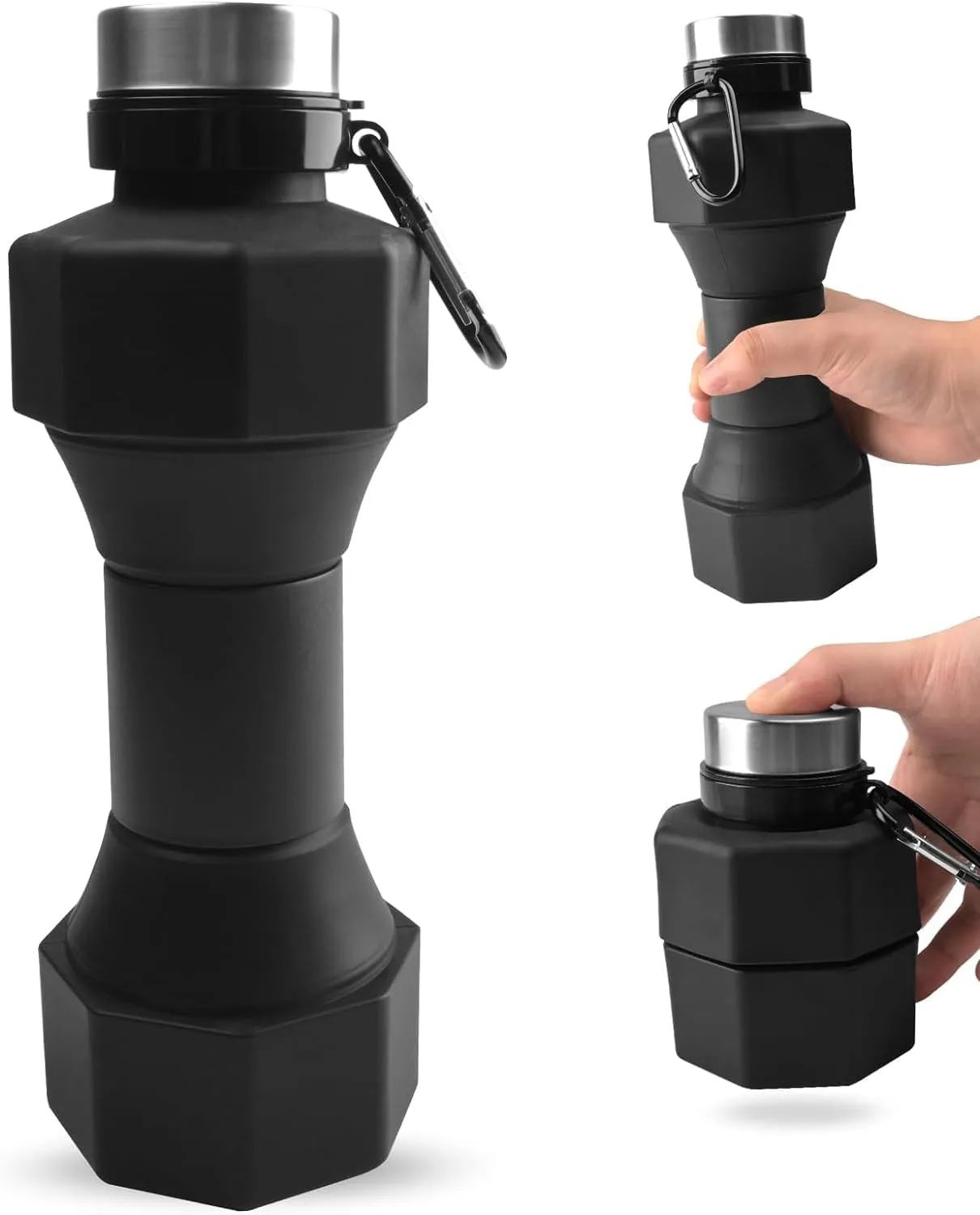 Collapsible Dumbbell Water Bottle, 22 oz (648.6 g), BPA-Free Silicone, Portable Lightweight, Hiking Buckle, Leak-Proof Sports Bottle (black)