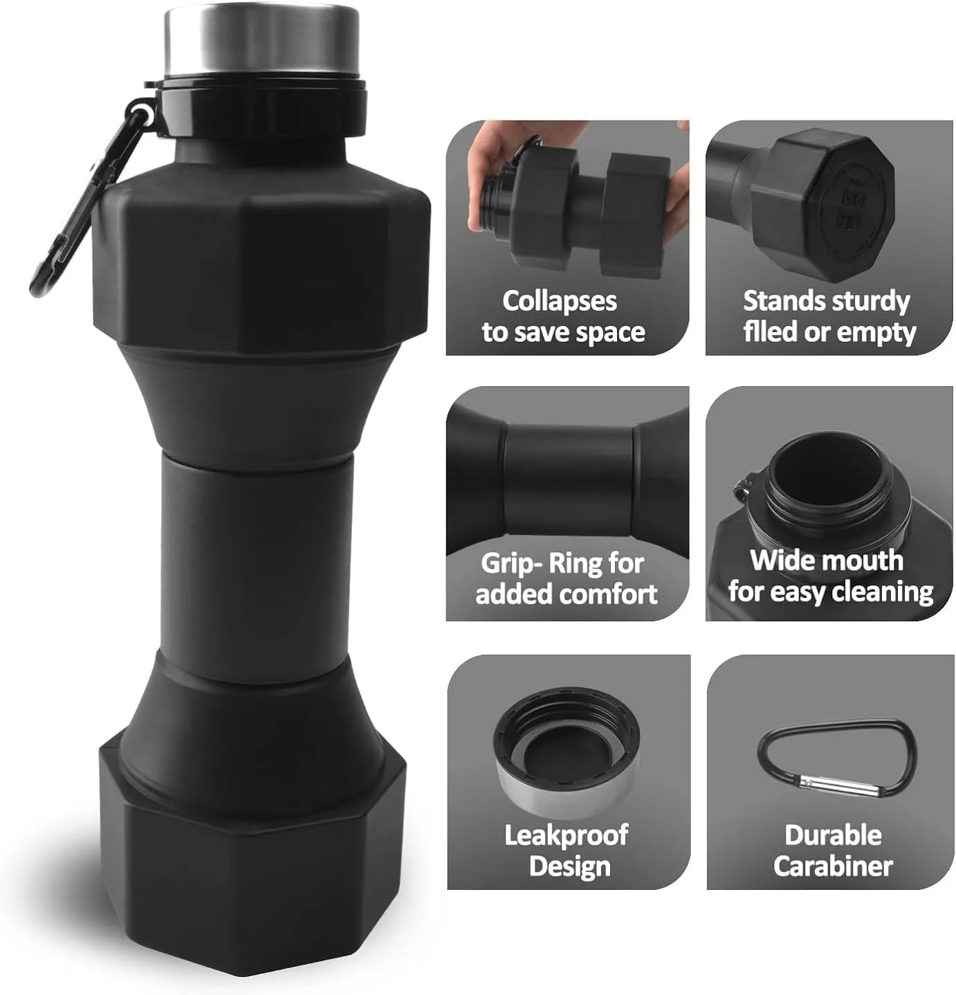Collapsible Dumbbell Water Bottle, 22 oz (648.6 g), BPA-Free Silicone, Portable Lightweight, Hiking Buckle, Leak-Proof Sports Bottle (black)