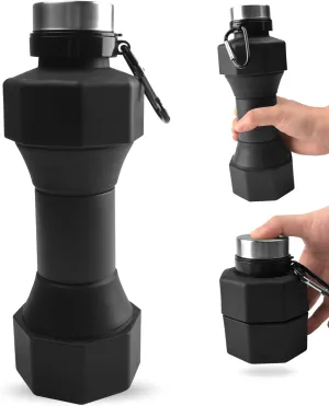 Collapsible Dumbbell Water Bottle, 22 oz (648.6 g), BPA-Free Silicone, Portable Lightweight, Hiking Buckle, Leak-Proof Sports Bottle (black)