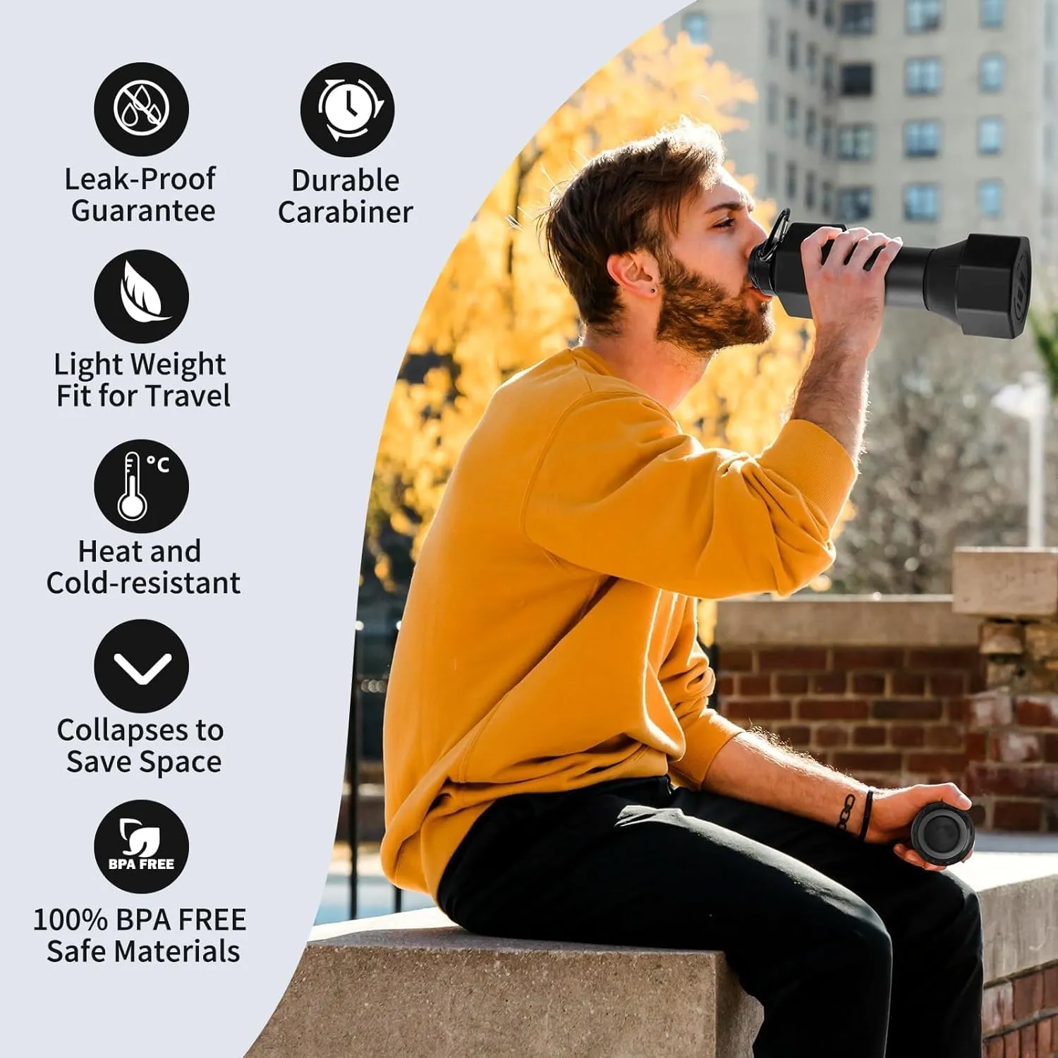 Collapsible Dumbbell Water Bottle, 22 oz (648.6 g), BPA-Free Silicone, Portable Lightweight, Hiking Buckle, Leak-Proof Sports Bottle (black)
