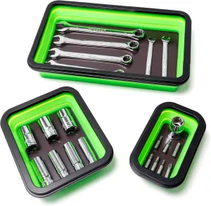 Collapsible Magnetic Parts Tray Set, Magnetic Tray for Mechanic's, 3 Different Size Tool Trays for Small Metal Parts, Cool Mechanic Tools, Cool Gifts for Mechanic (Green)