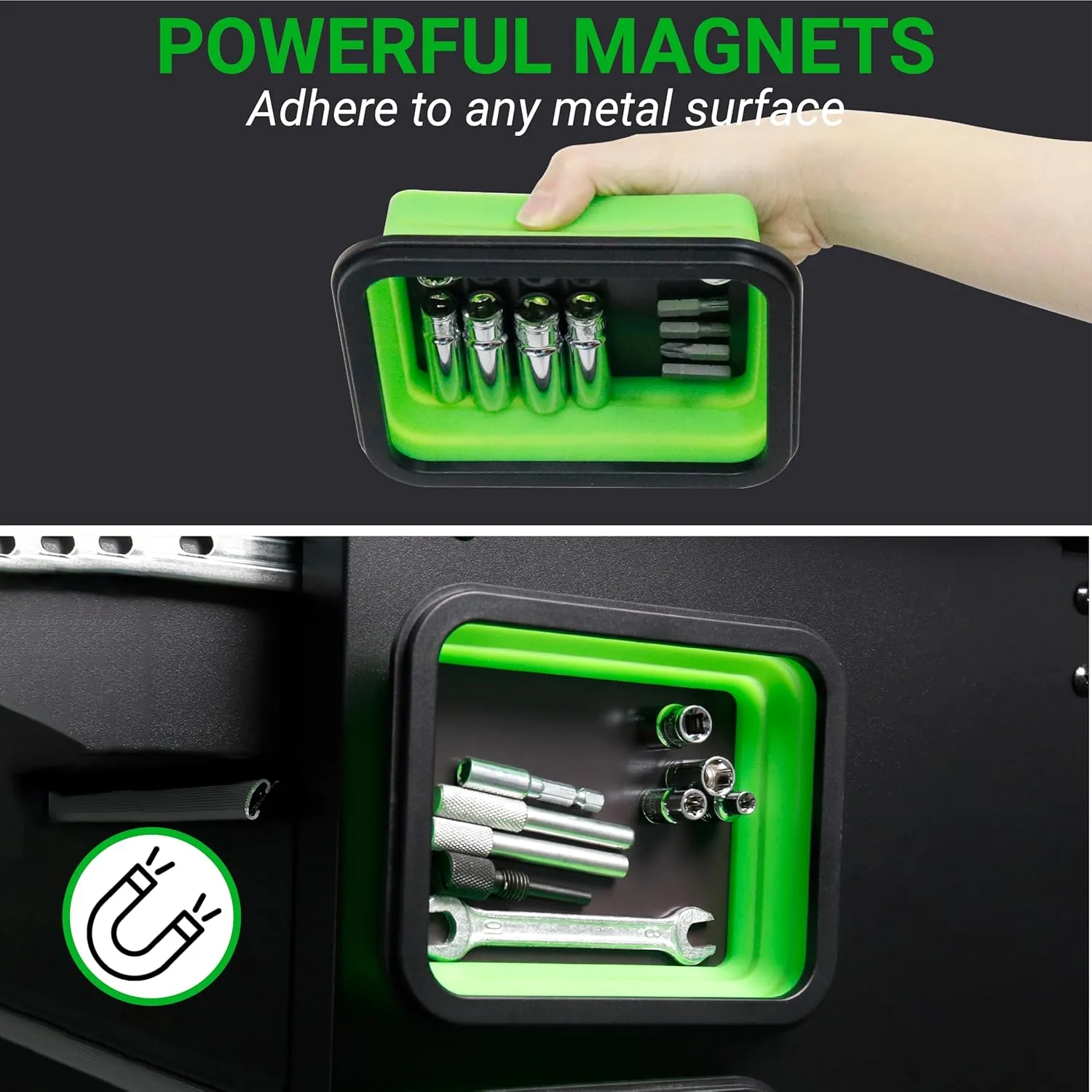 Collapsible Magnetic Parts Tray Set, Magnetic Tray for Mechanic's, 3 Different Size Tool Trays for Small Metal Parts, Cool Mechanic Tools, Cool Gifts for Mechanic (Green)