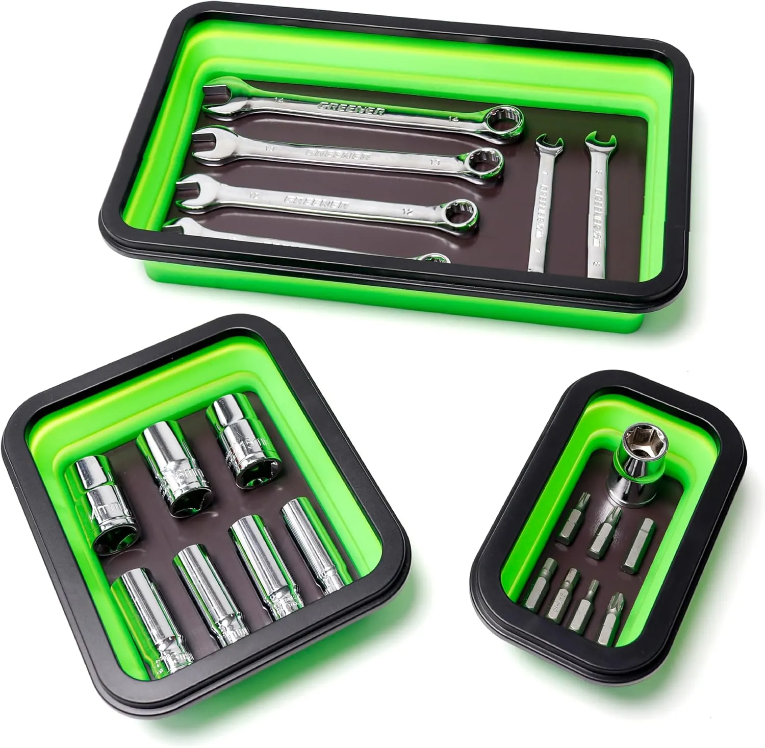 Collapsible Magnetic Parts Tray Set, Magnetic Tray for Mechanic's, 3 Different Size Tool Trays for Small Metal Parts, Cool Mechanic Tools, Cool Gifts for Mechanic (Green)